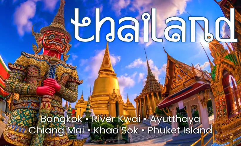 Wide-angle shot of the Grand Palace in Thailand with 'Thailand' overlay text, highlighting a plant-based travel experience