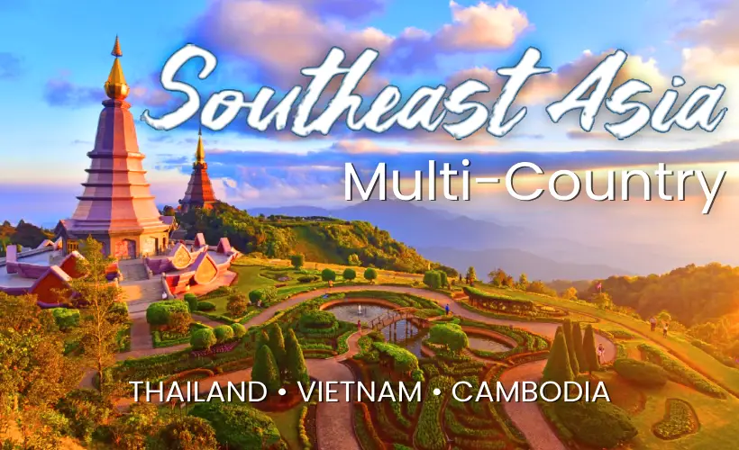 Traditional Southeast Asian landscape with lush greenery and 'Southeast Asia' overlay text, showcasing multi-country tour opportunities