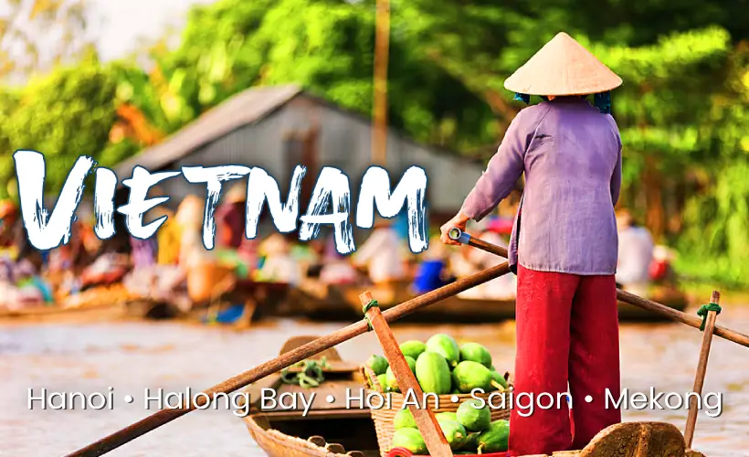 Traditional Vietnamese woman in a conical hat on a boat at the Mekong Delta floating market, showcasing local culture and plant-based travel