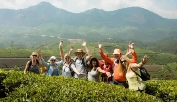 A vegan group tour posing in the Thai highlands in front of a tea plantation