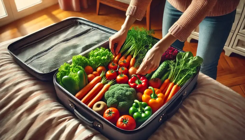 Vegan Group Tours need careful planning. This is our tongue in cheek view of a Vegan traveller packing fresh vegetables into a suitcase for a vegan group tour