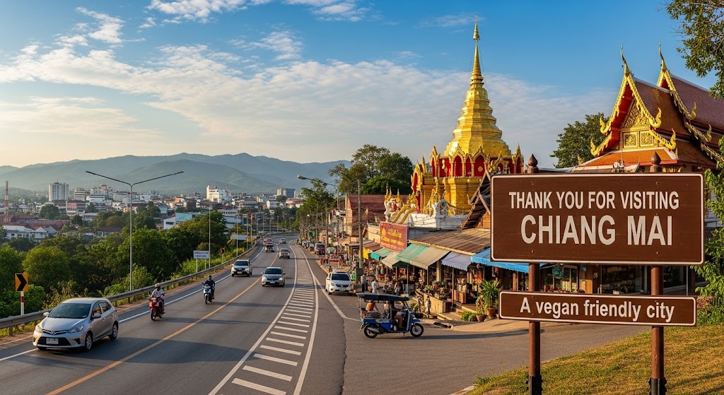 10 Best Vegan Chiang Mai Restaurants in 2025 7 A fun AI generated image of a sign saying Thank you for visiting Chiang Mai, A vegan friendly city. Part of our Chiang Mai vegan guide