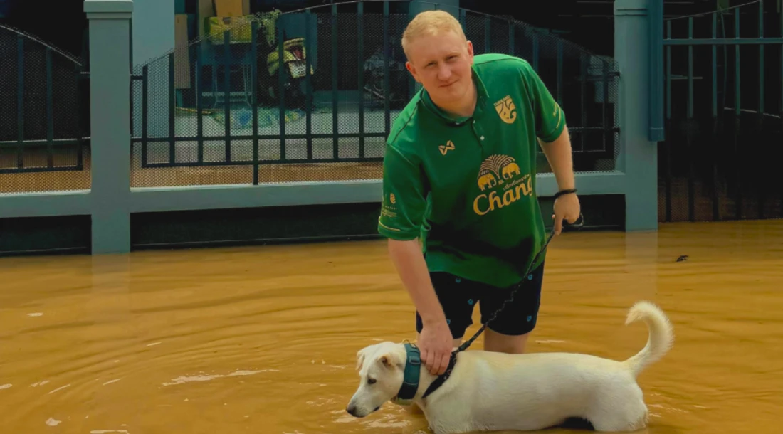 10 Best Vegan Chiang Mai Restaurants in 2025 8 Josh and his dog in Chiang Mai after heavy summer rainfalls. Josh helped to write this best Vegan Chiang Mai restaurants, part of our Chiang Mai vegan guide