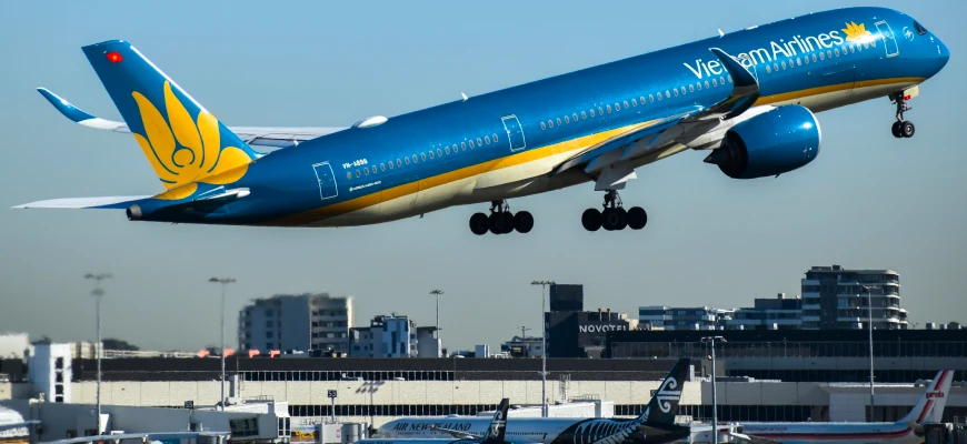A Vietnam Airlines leaving Saigon airport after a successful GoVegan Travel group tour
