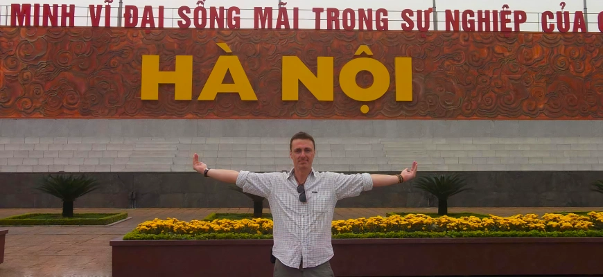 Martin the GoVegan Travel founder outside the Ho Chi Minh Mausoleum in Hanoi