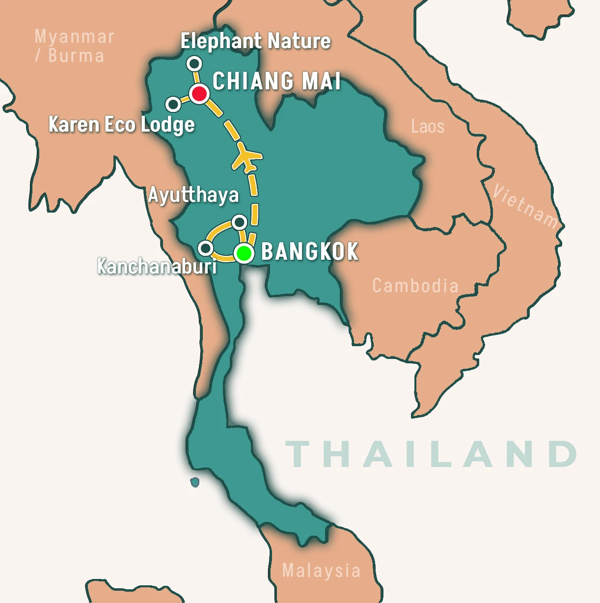 A map of the Thailand Vegan Tour route with Go Vegan Travel
