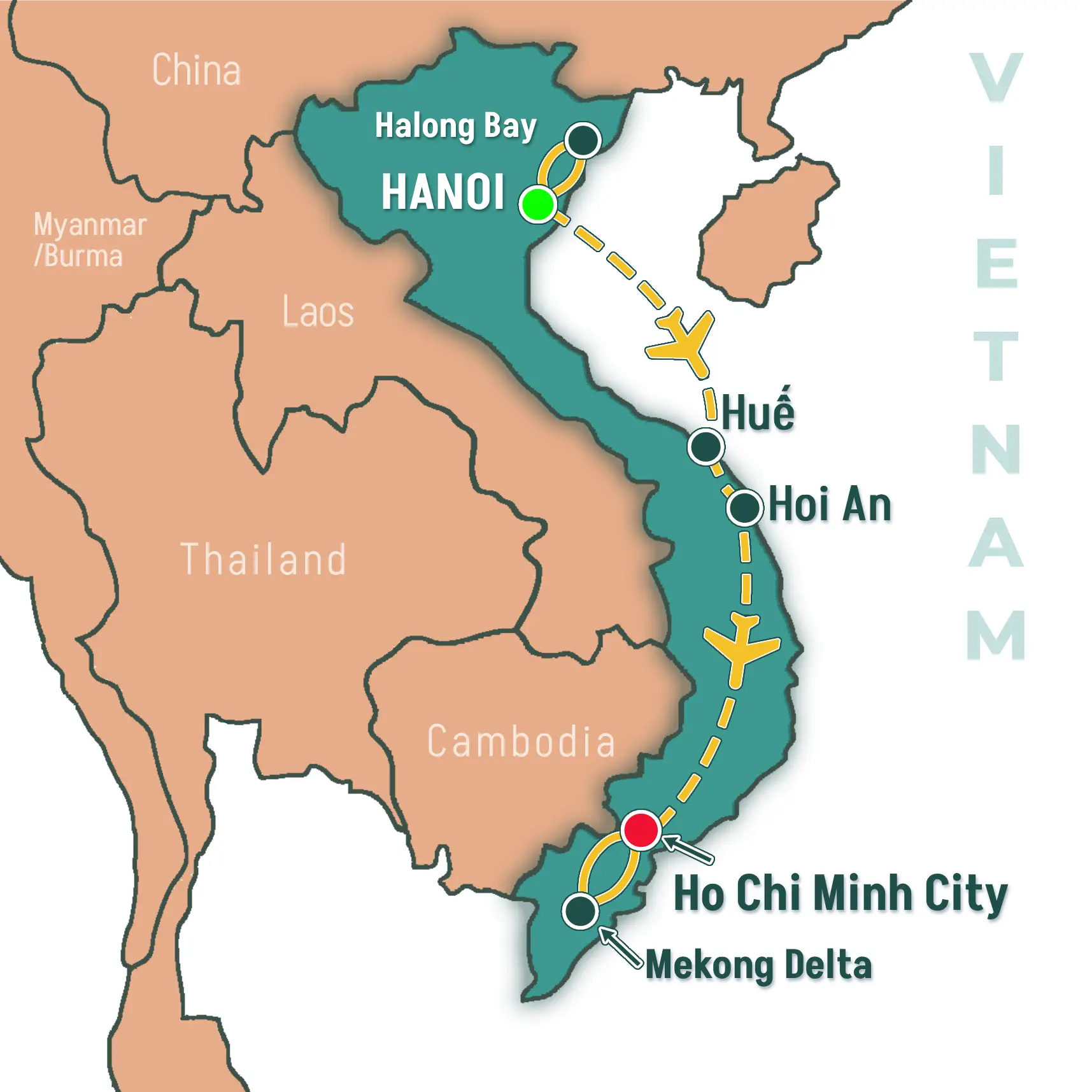 A map of the Vietnam Vegan Tour route with Go Vegan Travel