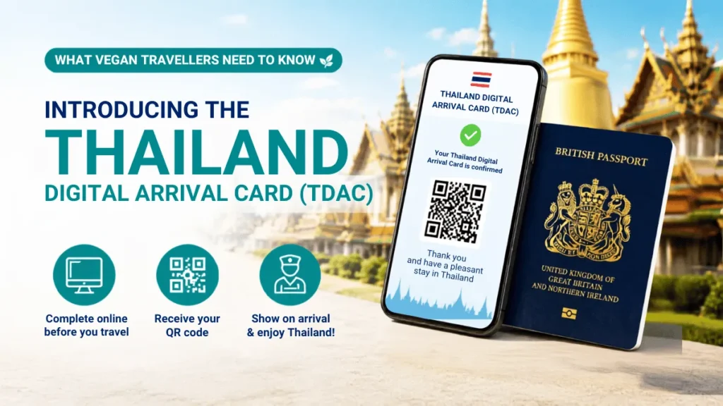 Thailand Digital Arrival Card shown on a phone beside a UK passport, with three steps for completing the TDAC.