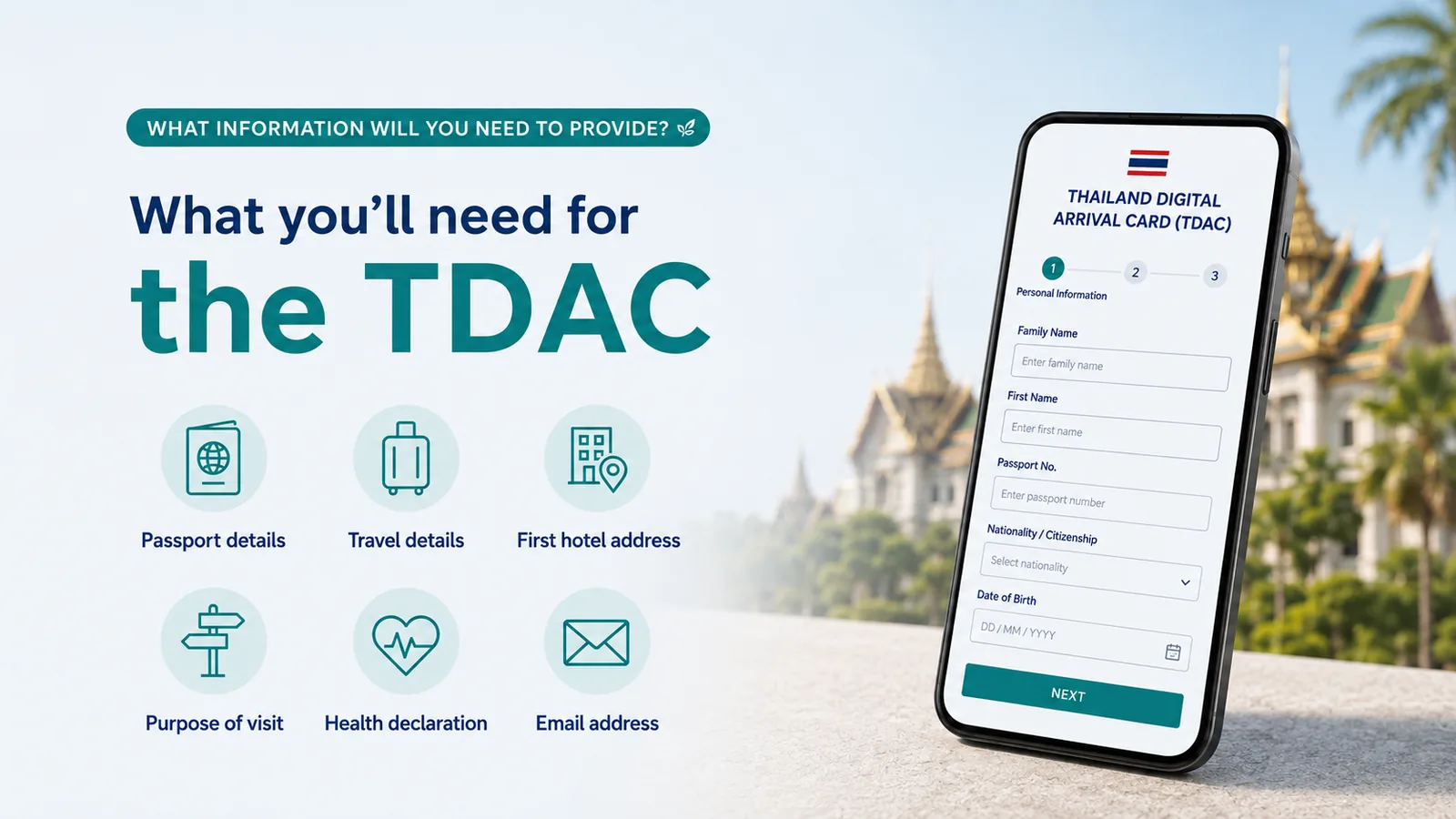 Thailand Digital Arrival Card form with passport details, travel details, first hotel address, purpose of visit, health declaration and email address.