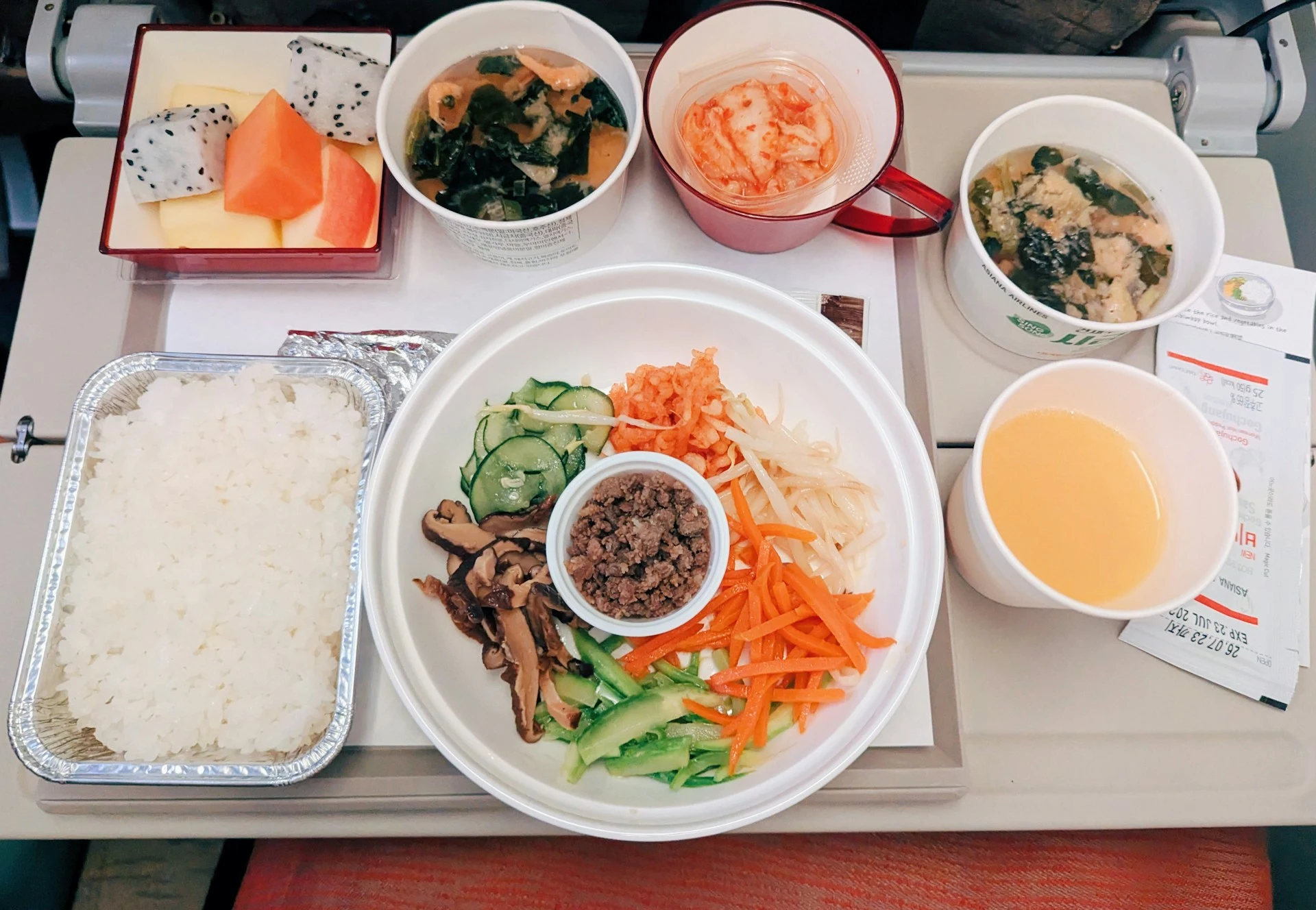 A vegan airline meal served on a Korean Air flight