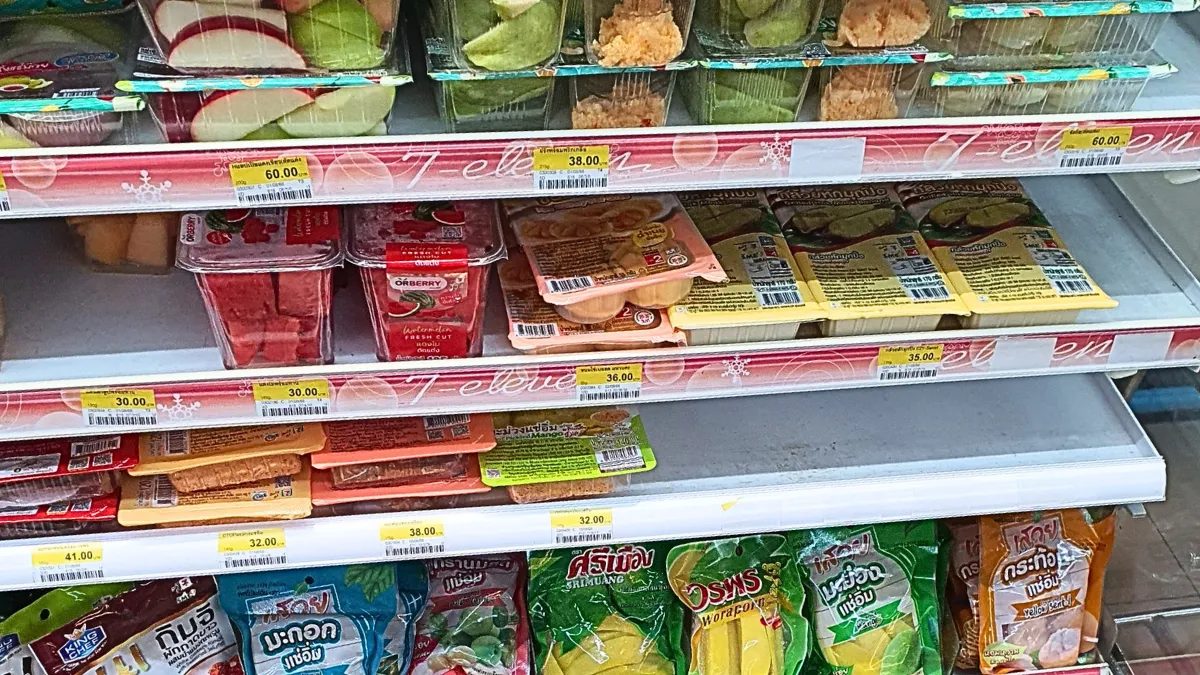 Fresh fruit and simple food in a 7-Eleven store in Thailand