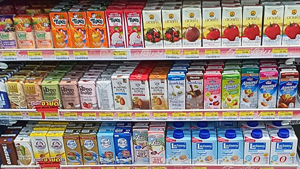 Plant milks and fruit juices in a 7-Eleven store in Thailand